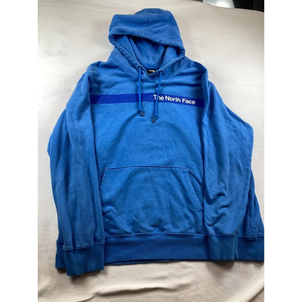 The North Face Mens XXL Blue Fleece Hoodie Chest Stripe Logo Pullover Sweatshirt